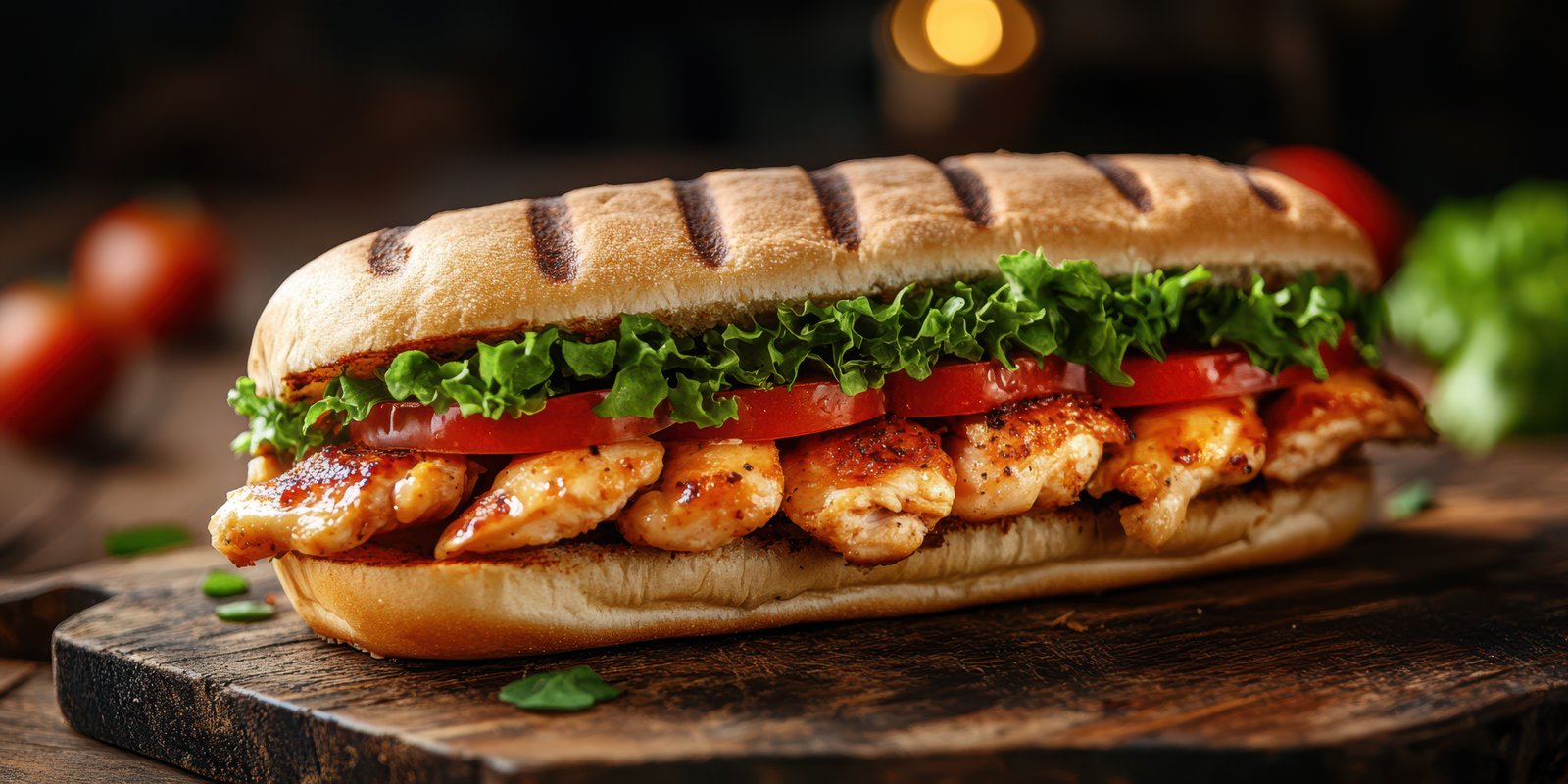 Delicious grilled chicken sandwich with fresh vegetables on wooden table in cozy setting